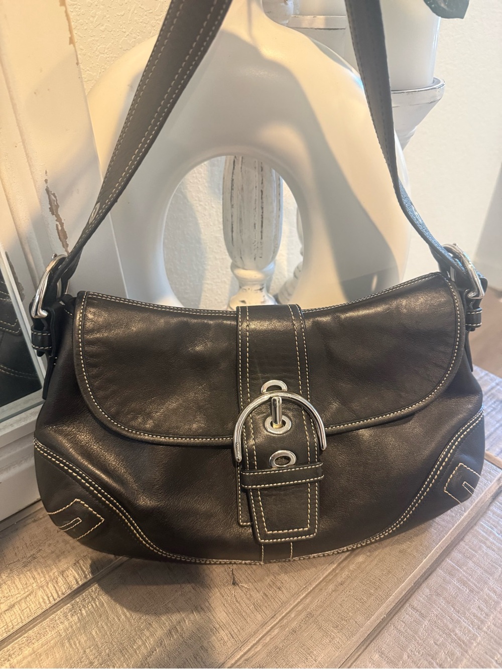 Coach F10192 Black Shoulder Leather Bag with Silver Buckle
